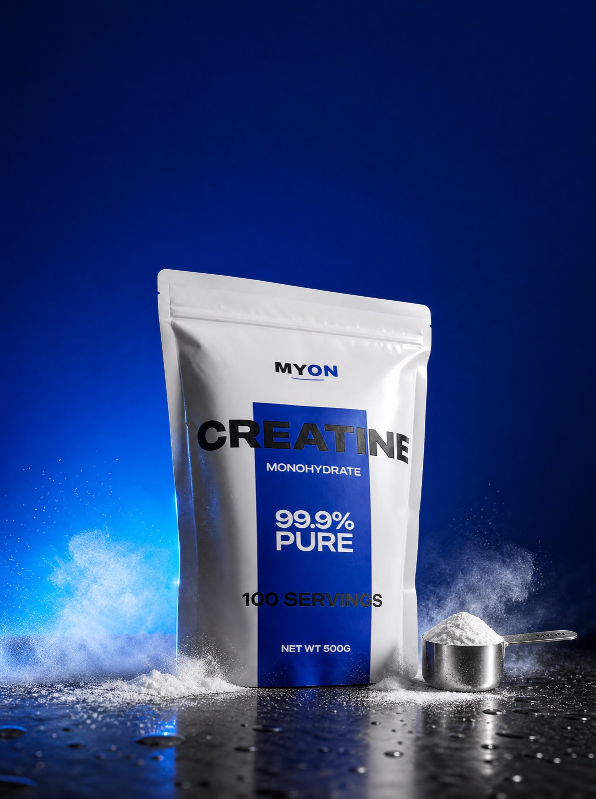 MYON Creatine Monohydrate 500 g pouch, scoop and powder